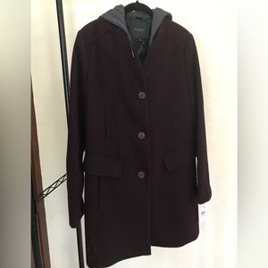 NWT Marc New York Andrew Marc Burgundy Wool Winter Pea Coat w Removable Hood